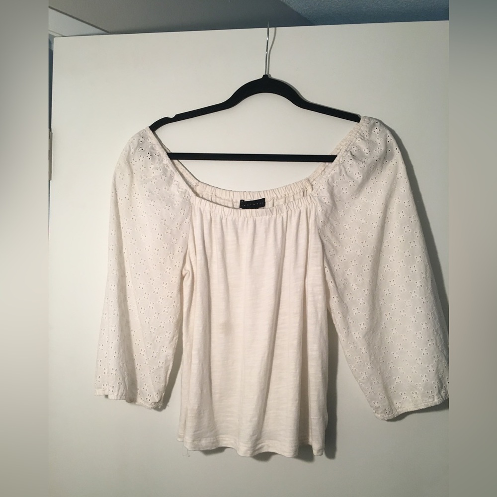 White Cotton Blouse with Flowery Eyelet Sleeves